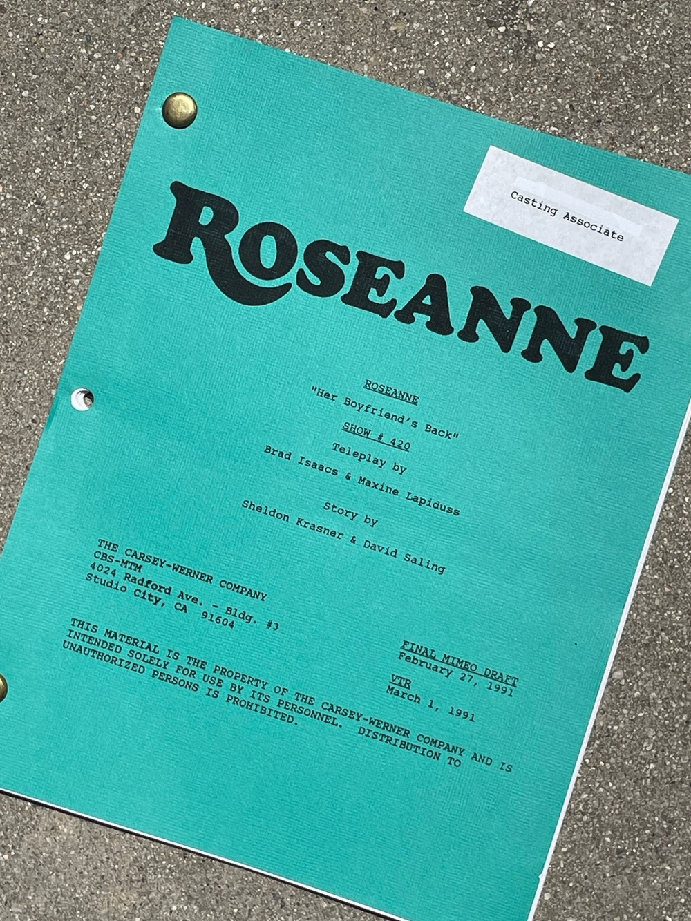 Roseanne Vtg 1991 Production Used Final Mimeo Draft Script Her Boyfriend’s Back